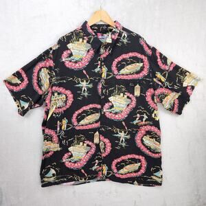 Vintage Reyn Spooner Hawaiian Shirt Mens 3XL Black Hula Lei Floral Button Down
